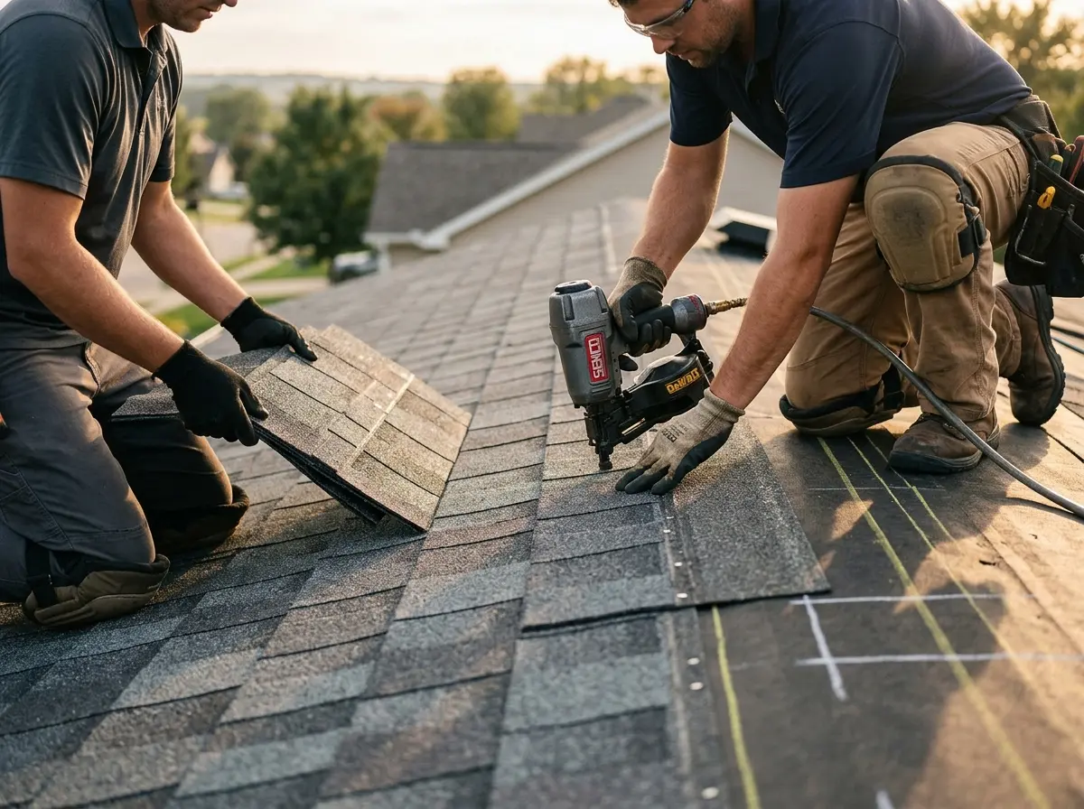 Professional roofer working on a residential roof in Ingleside